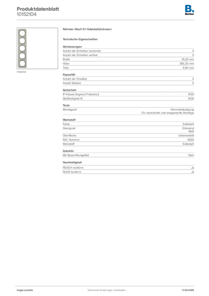Bild Berker Produktdatenblatt 10152104 | Hager Deutschland