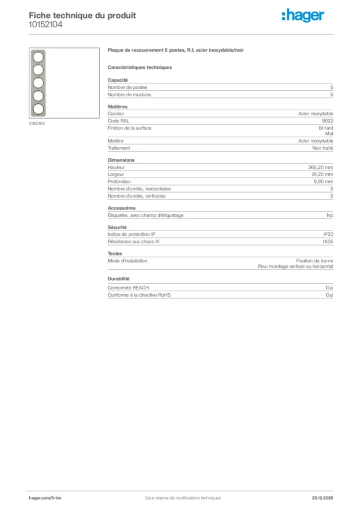 Image Hager Fiche technique du produit 10152104 | Hager Belgique