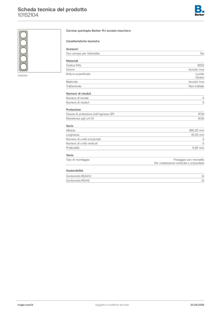 Immagine Berker Scheda tecnica del prodotto 10152104 | Hager Italia