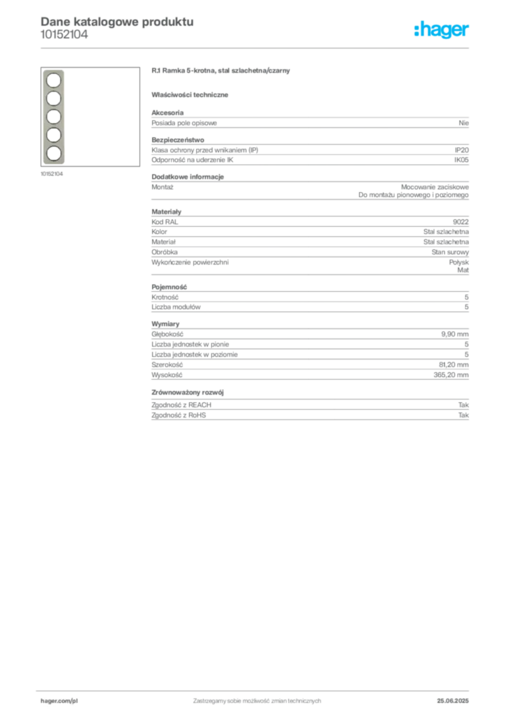 Zdjęcie Hager Dane katalogowe produktu 10152104 | Hager Polska