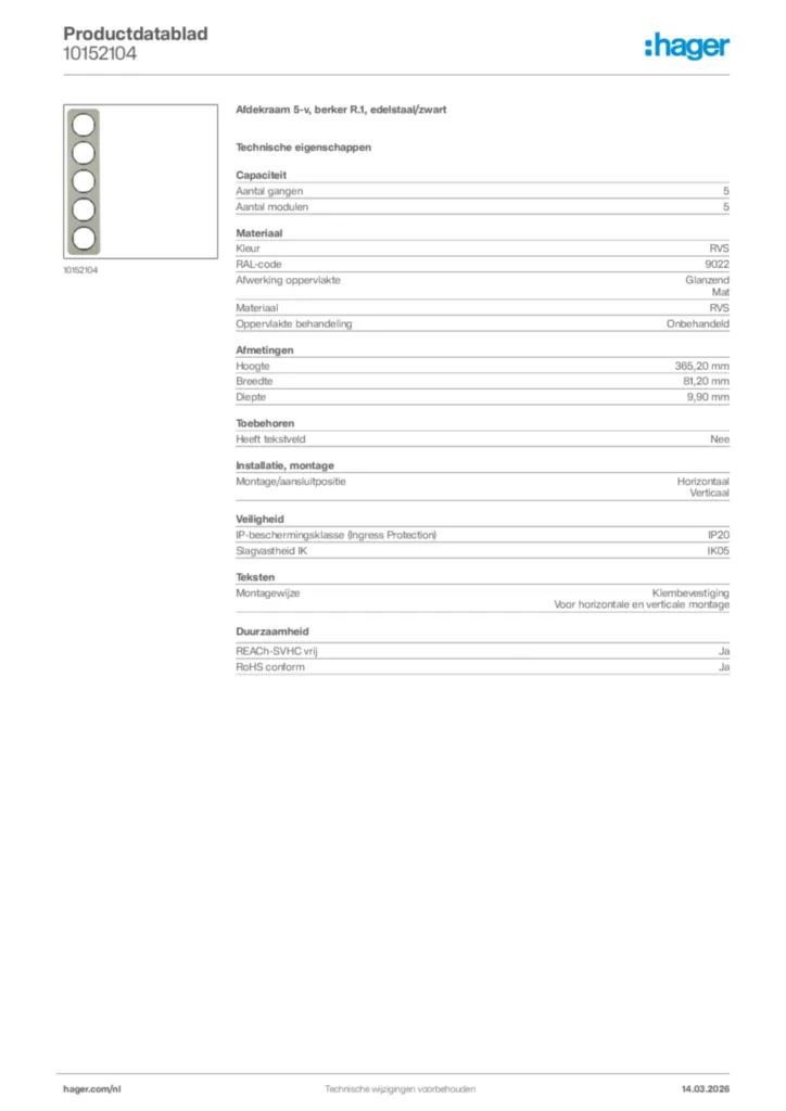 Afbeelding Hager Productdatablad 10152104 | Hager Nederland