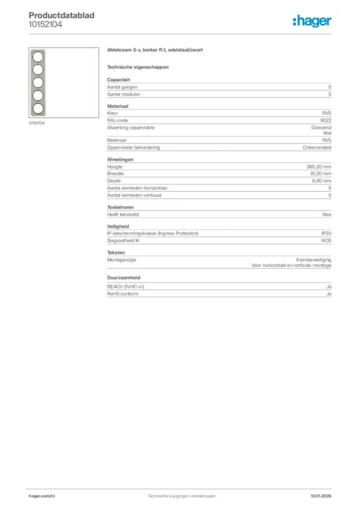 Afbeelding Hager Productdatablad 10152104 | Hager Nederland