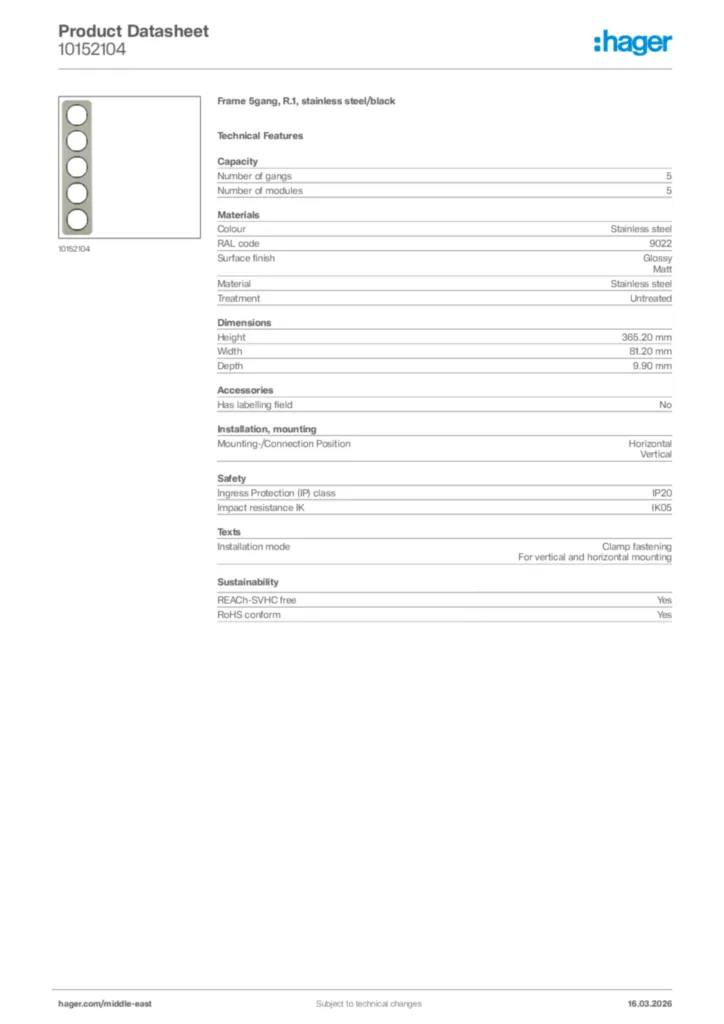 Image Hager Product data sheet 10152104  | Hager