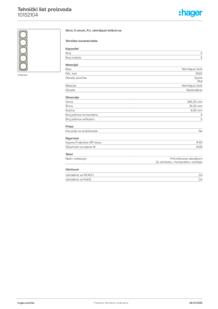 Slika Hager Product data sheet 10152104  | Hager