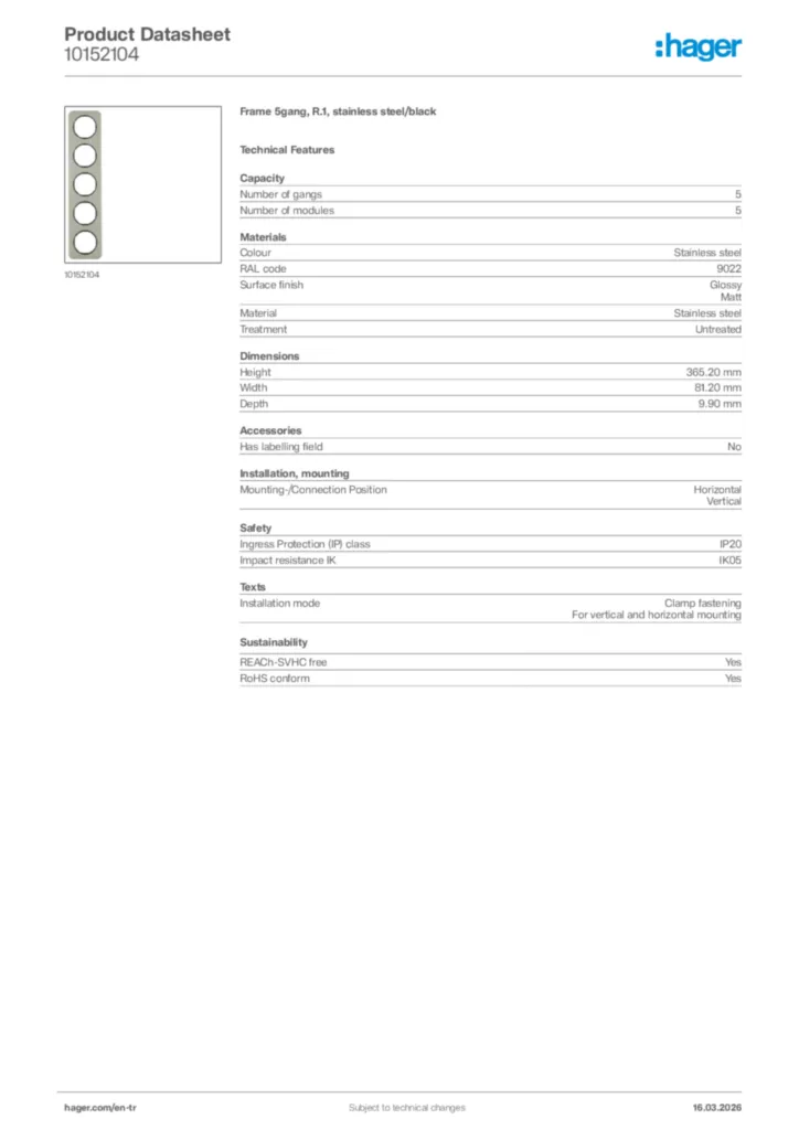 Image Hager Product data sheet 10152104  | Hager