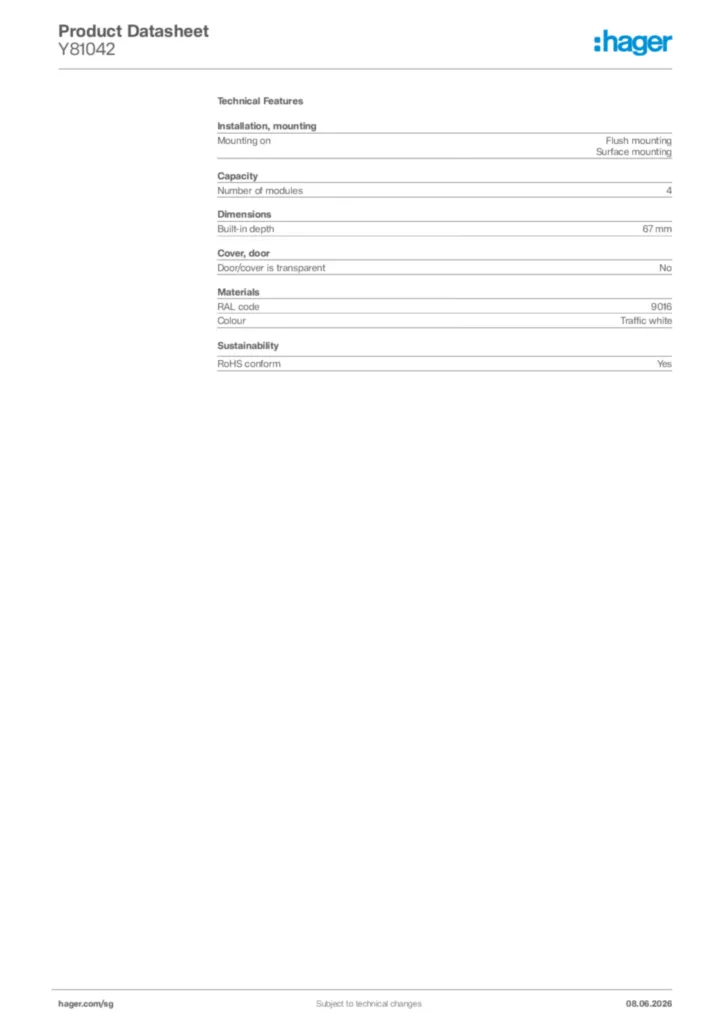 Image Hager Product data sheet Y81042  | Hager