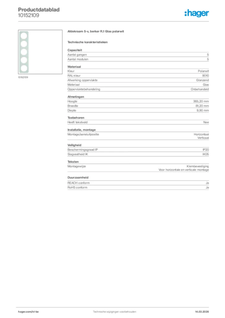 Afbeelding Hager Productdatablad 10152109 | Hager Belgium