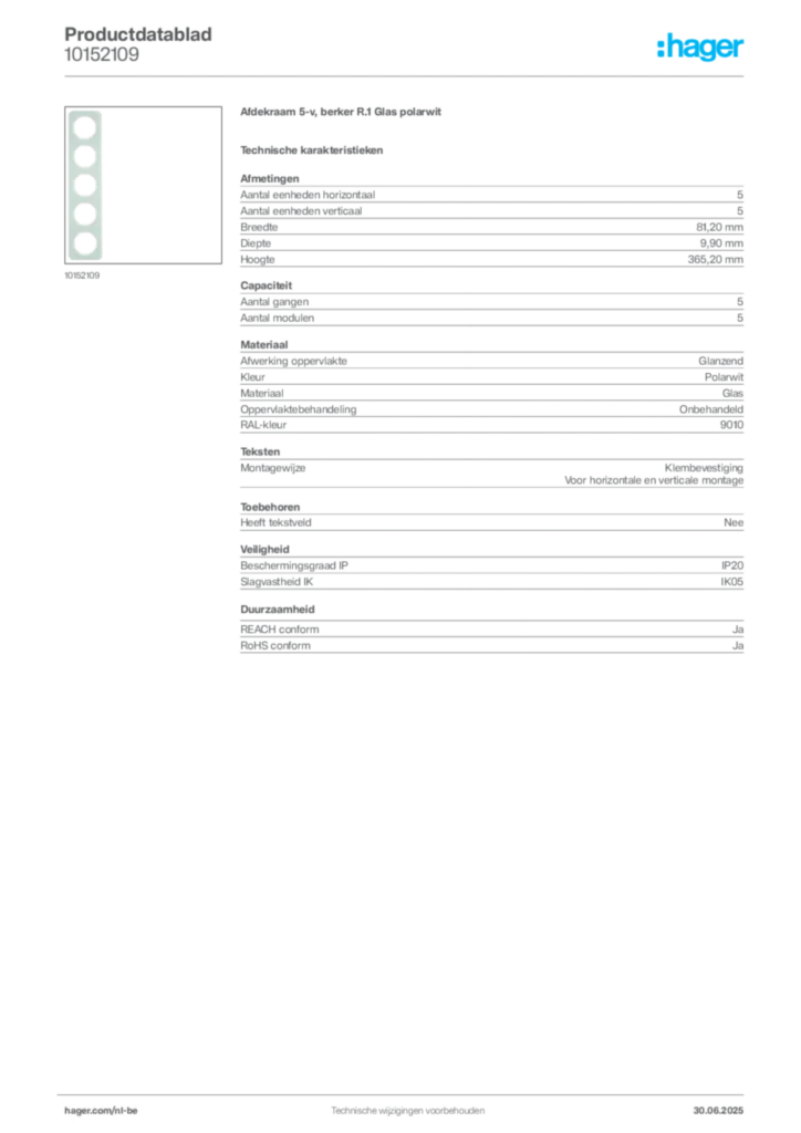 Afbeelding Hager Productdatablad 10152109 | Hager Belgium