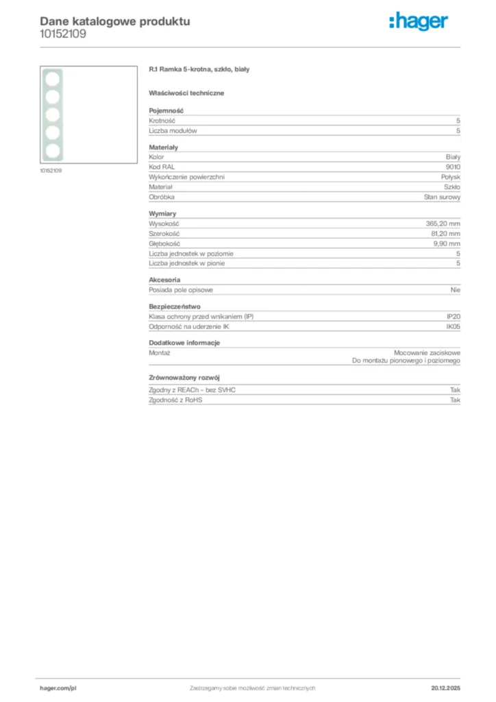 Zdjęcie Hager Dane katalogowe produktu 10152109 | Hager Polska