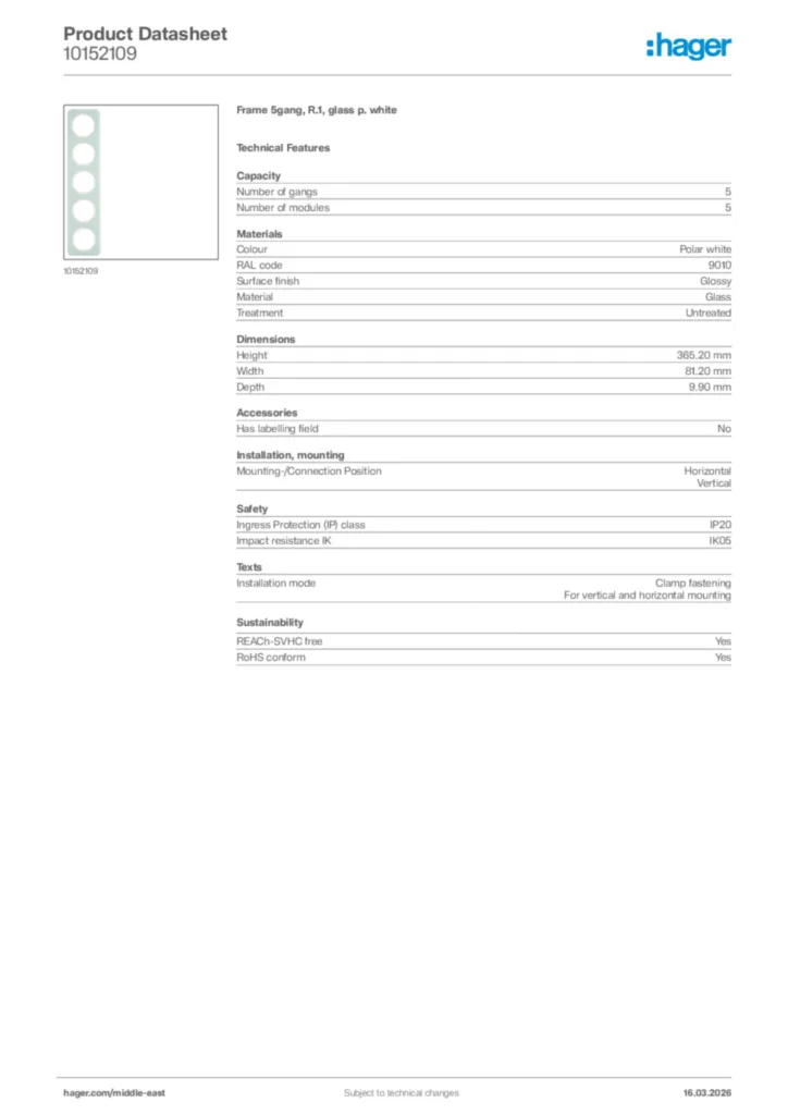 Image Hager Product data sheet 10152109  | Hager