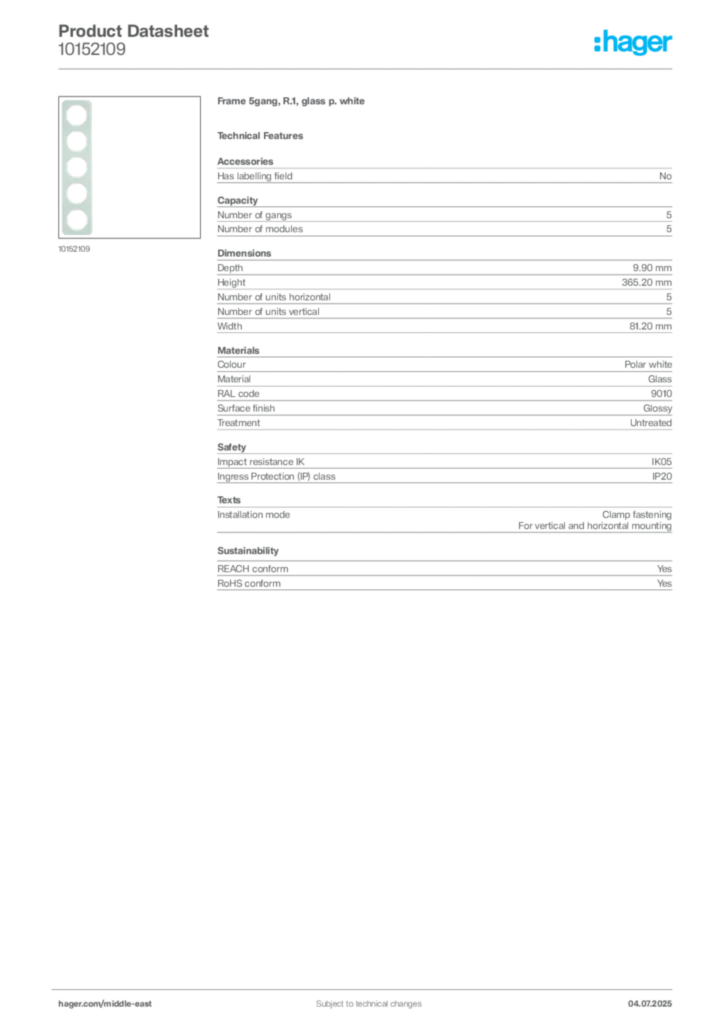 Image Hager Product data sheet 10152109  | Hager