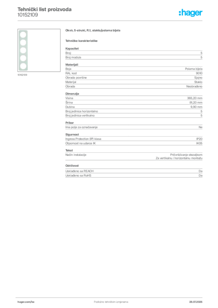 Slika Hager Product data sheet 10152109  | Hager