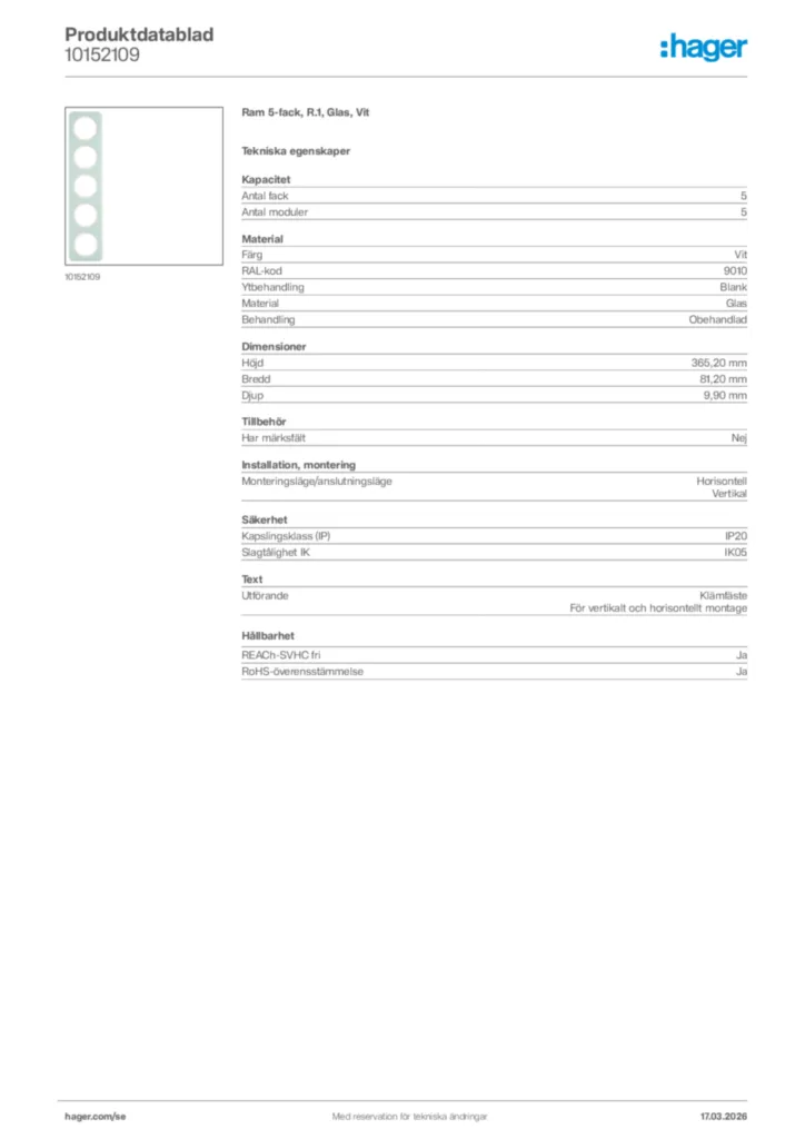 Bild Hager Produktdatablad 10152109 | Hager Sverige
