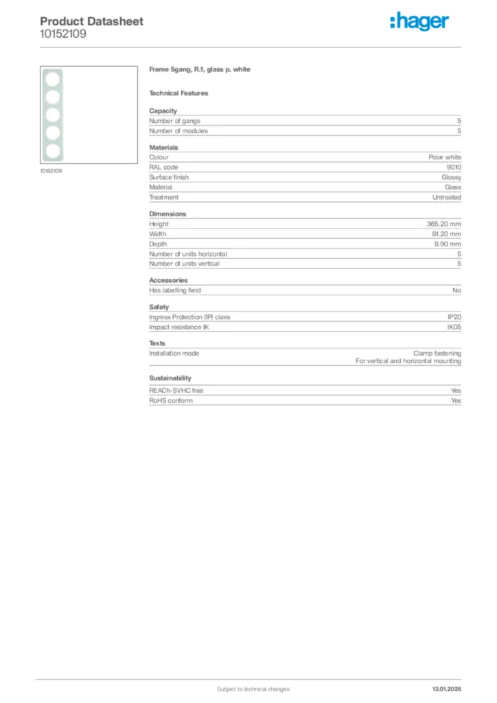 Image Hager Product data sheet 10152109  | Hager