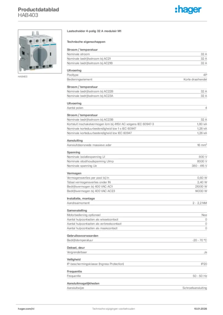 Afbeelding Hager Productdatablad HAB403 | Hager Nederland