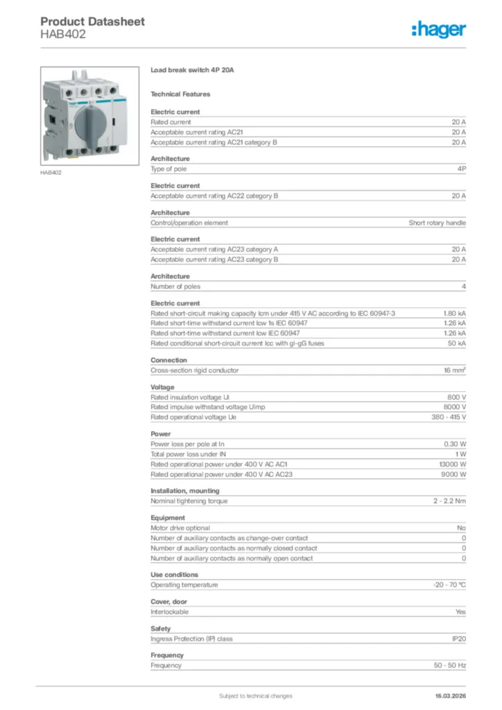 Image Hager Product data sheet HAB402  | Hager Africa