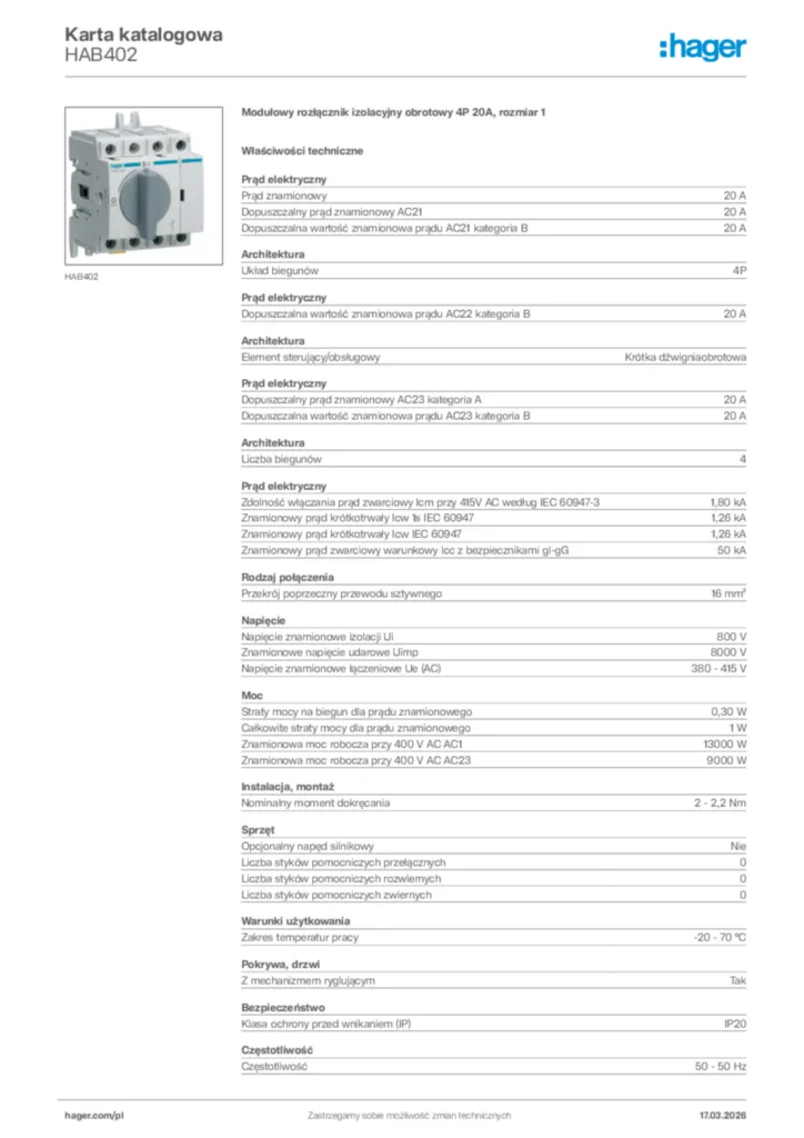 Zdjęcie Hager Karta katalogowa HAB402 | Hager Polska