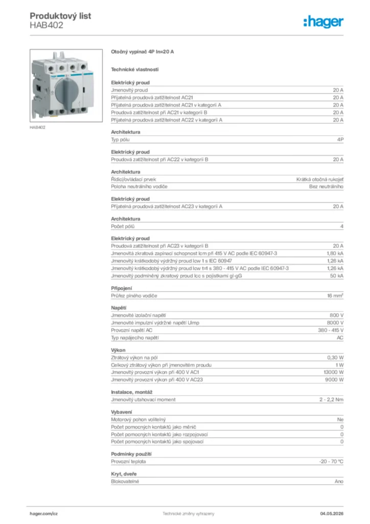 Obrázek Hager Product data sheet HAB402 | Hager
