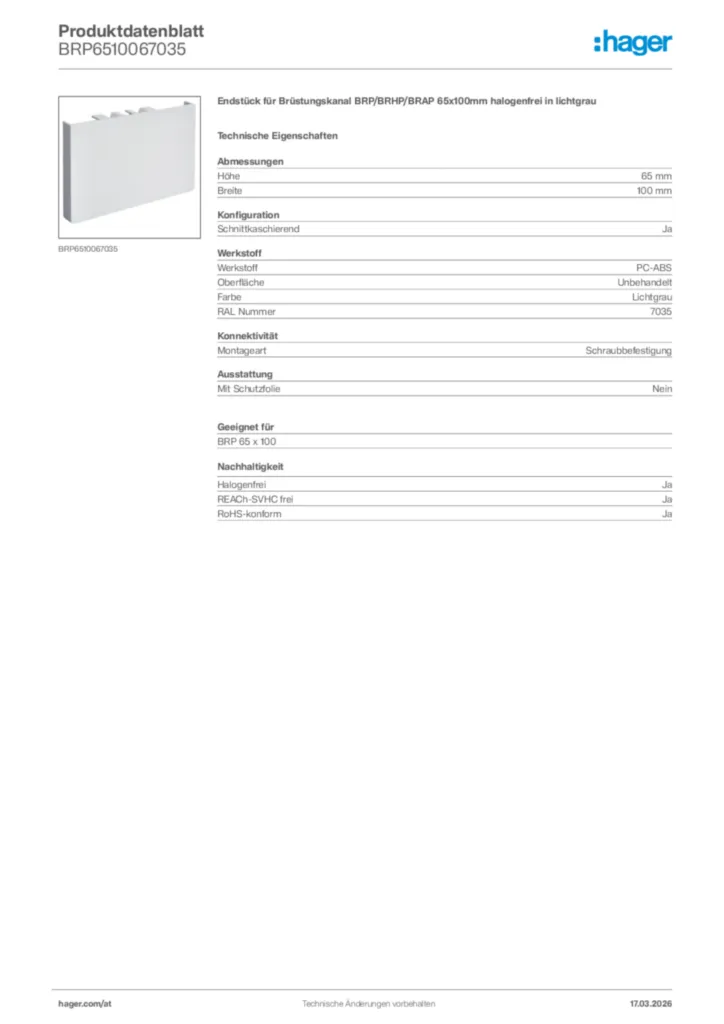 Bild Hager Produktdatenblatt BRP6510067035 | Hager Deutschland