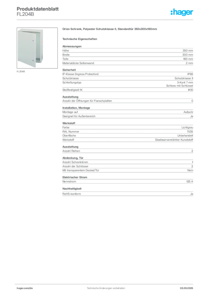 Hager Produktdatenblatt FL204B