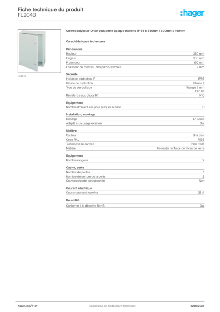 Image Hager Fiche technique du produit FL204B | Hager Suisse