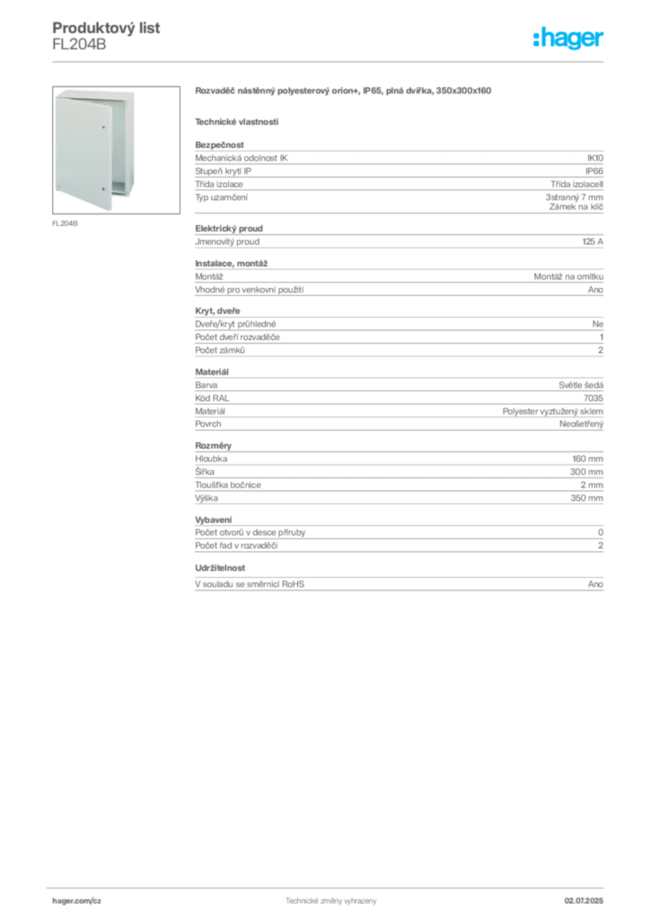 Obrázek Hager Produktový list FL204B | Hager