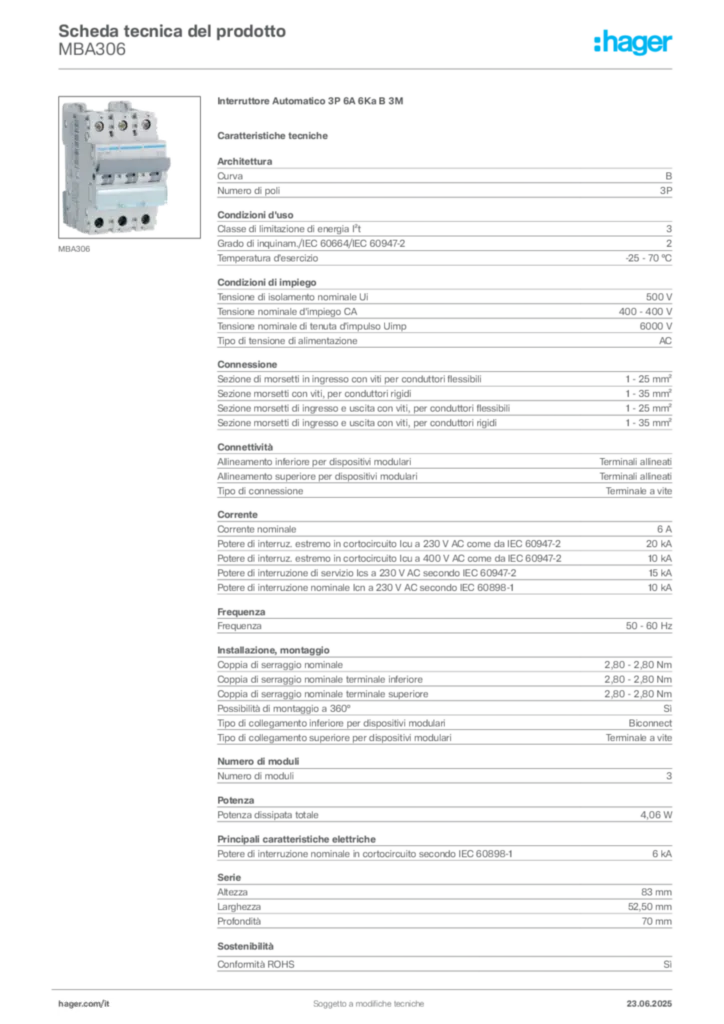 Immagine Hager Scheda tecnica del prodotto MBA306 | Hager Italia
