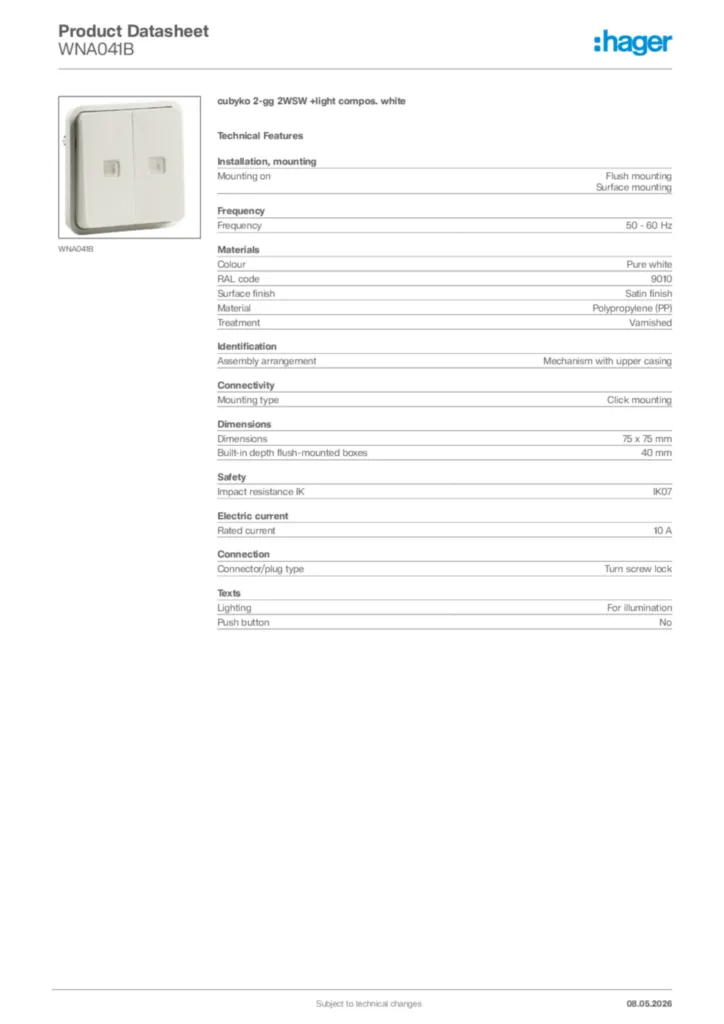 Image Hager Product data sheet WNA041B  | Hager Africa