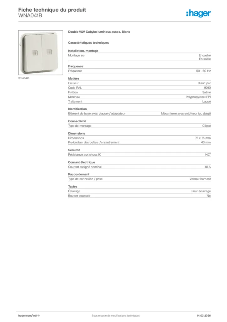 Image Hager Fiche technique du produit WNA041B | Hager Afrique