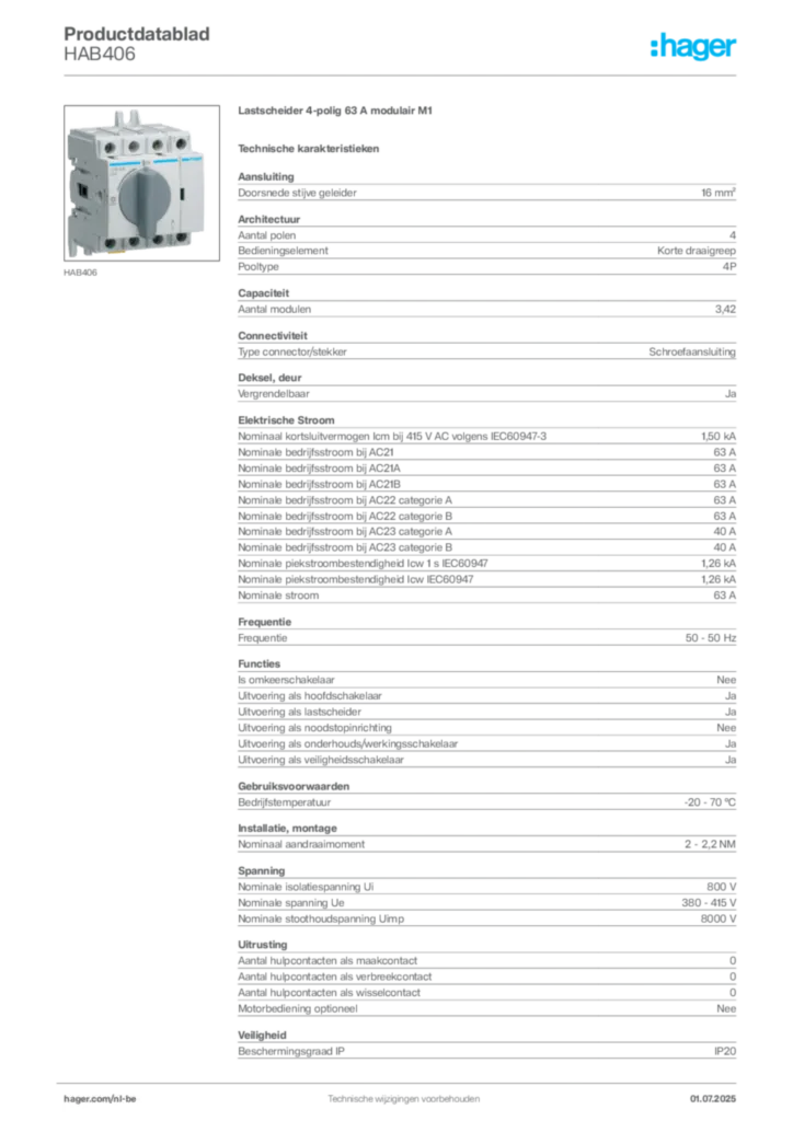 Afbeelding Hager Productdatablad HAB406 | Hager Belgium