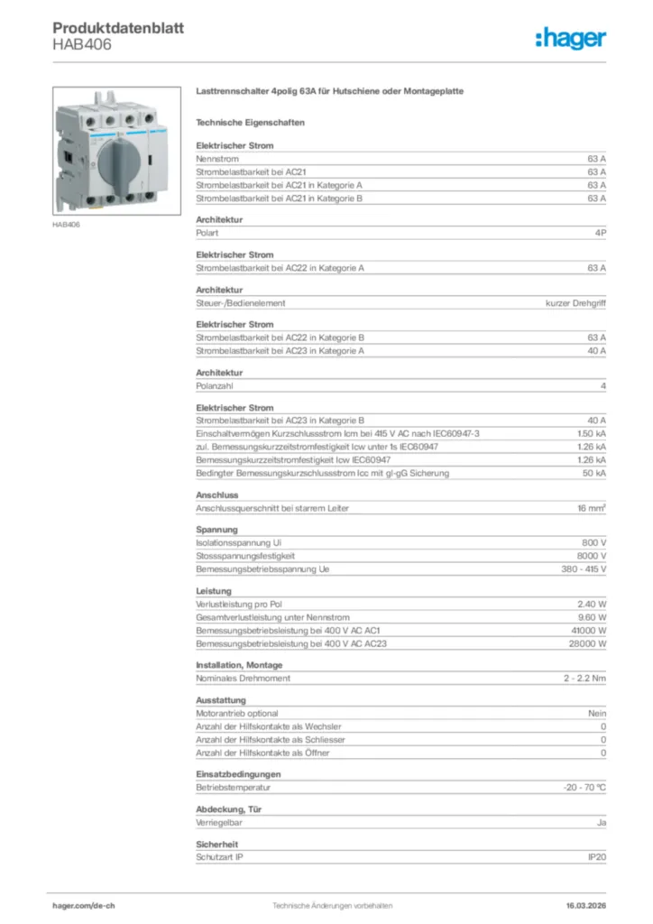 Bild Hager Produktdatenblatt HAB406 | Hager Schweiz