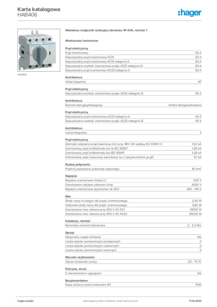 Zdjęcie Hager Karta katalogowa HAB406 | Hager Polska