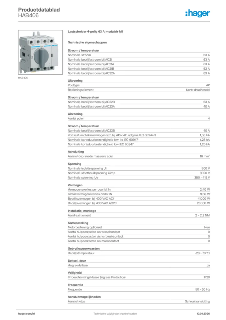 Afbeelding Hager Productdatablad HAB406 | Hager Nederland