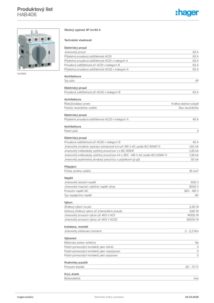 Obrázek Hager Product data sheet HAB406 | Hager