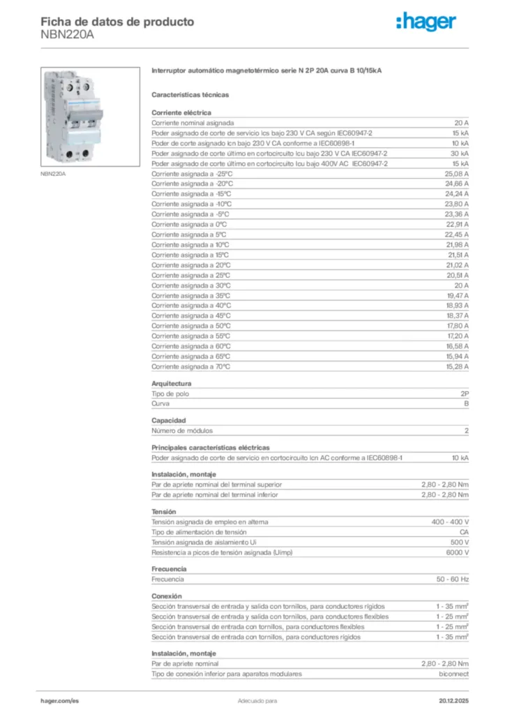 Imagen Hager Ficha de datos de producto NBN220A | Hager España