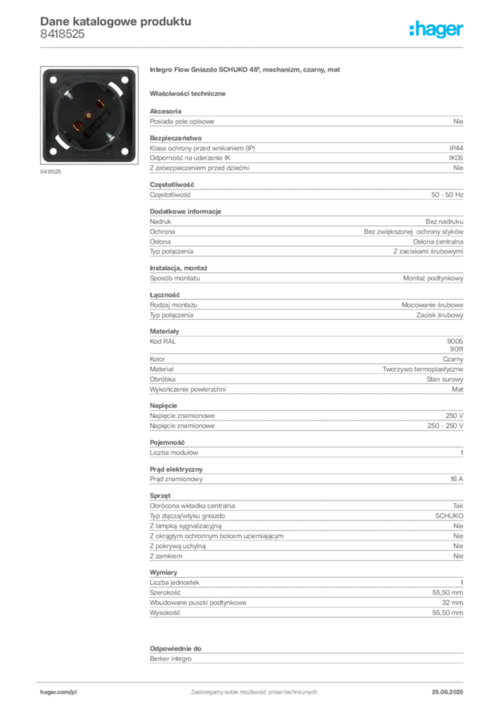 Zdjęcie Hager Dane katalogowe produktu 8418525 | Hager Polska