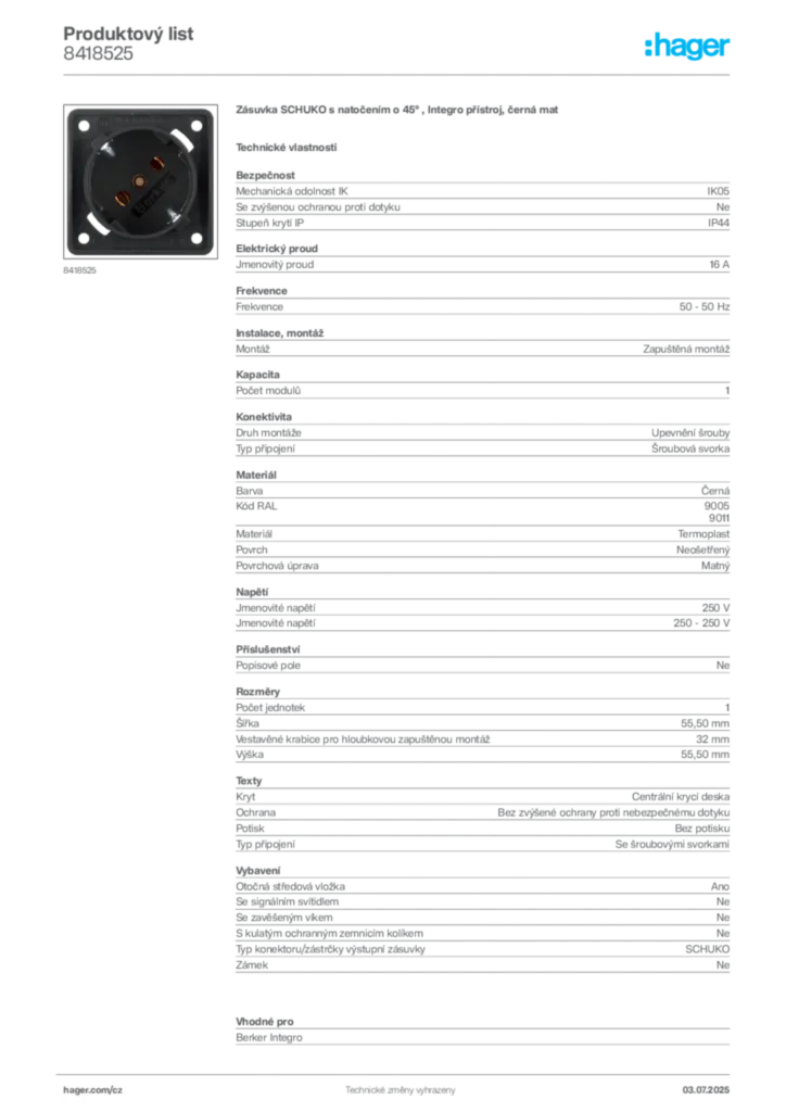 Obrázek Hager Produktový list 8418525 | Hager
