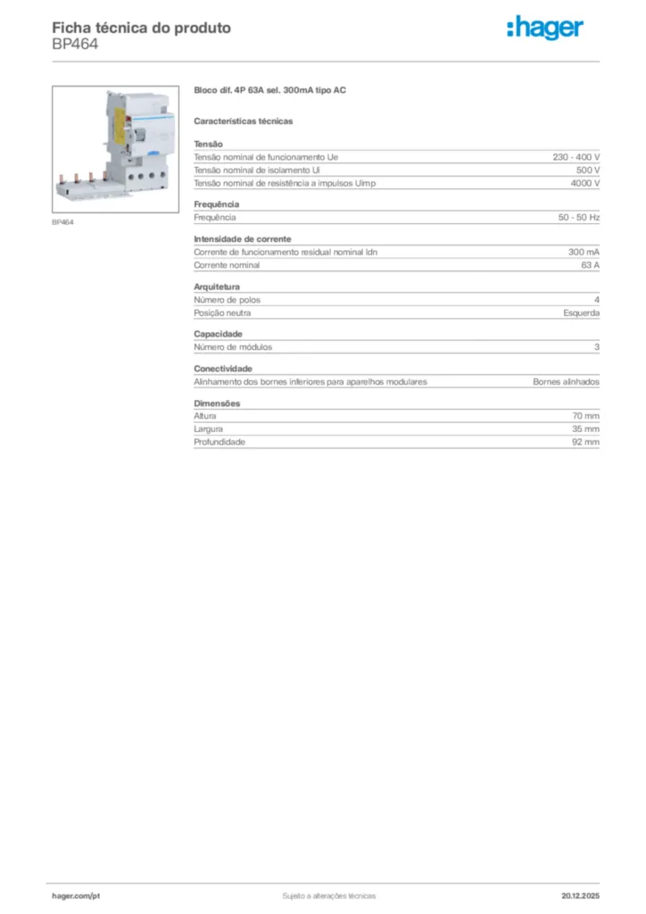 Imagem Hager Ficha técnica do produto BP464 | Hager Portugal