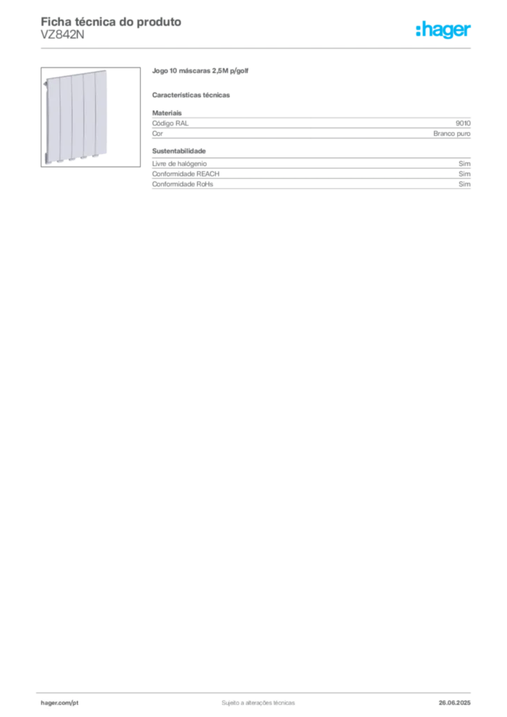 Imagem Hager Ficha técnica do produto VZ842N | Hager Portugal