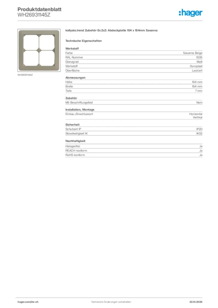 Bild Hager Produktdatenblatt WH26931145Z | Hager Schweiz