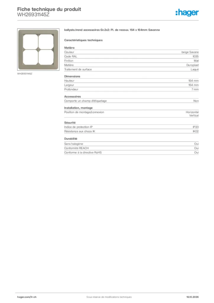 Image Hager Fiche technique du produit WH26931145Z | Hager Suisse