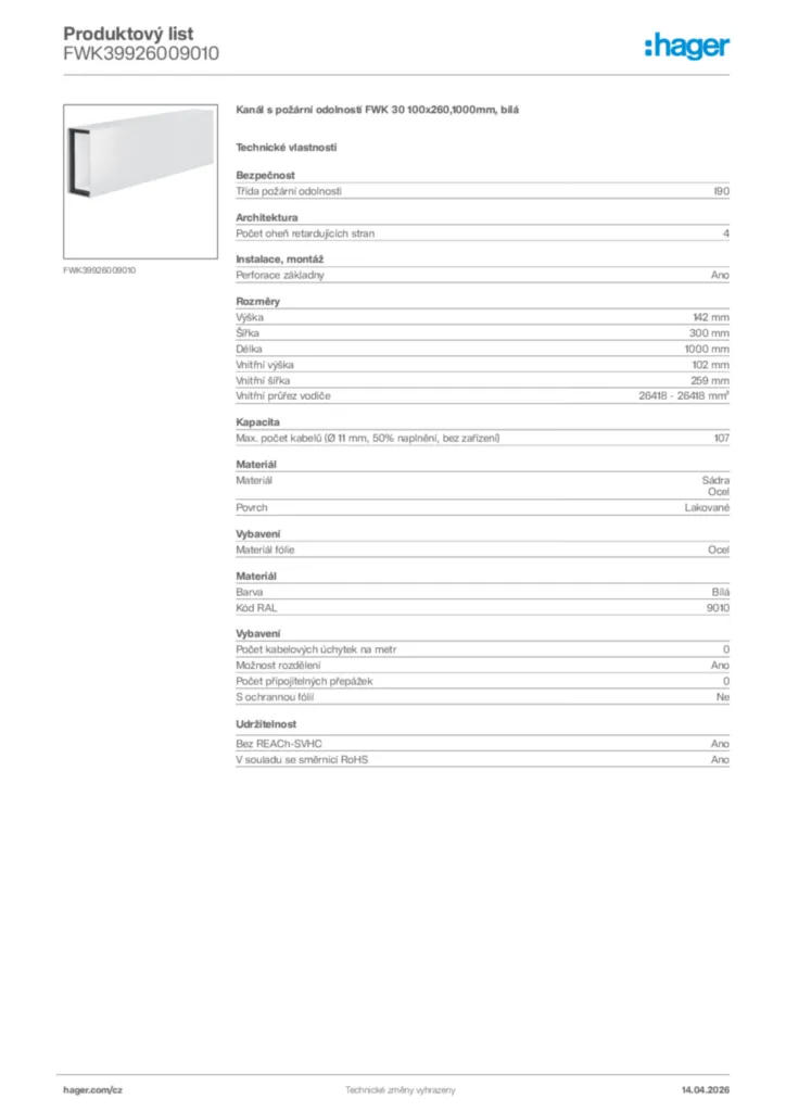 Obrázek Hager Product data sheet FWK39926009010 | Hager