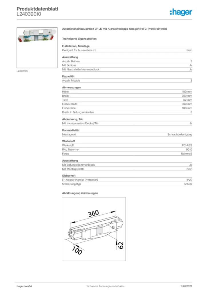 Bild Hager Produktdatenblatt L24039010 | Hager Deutschland