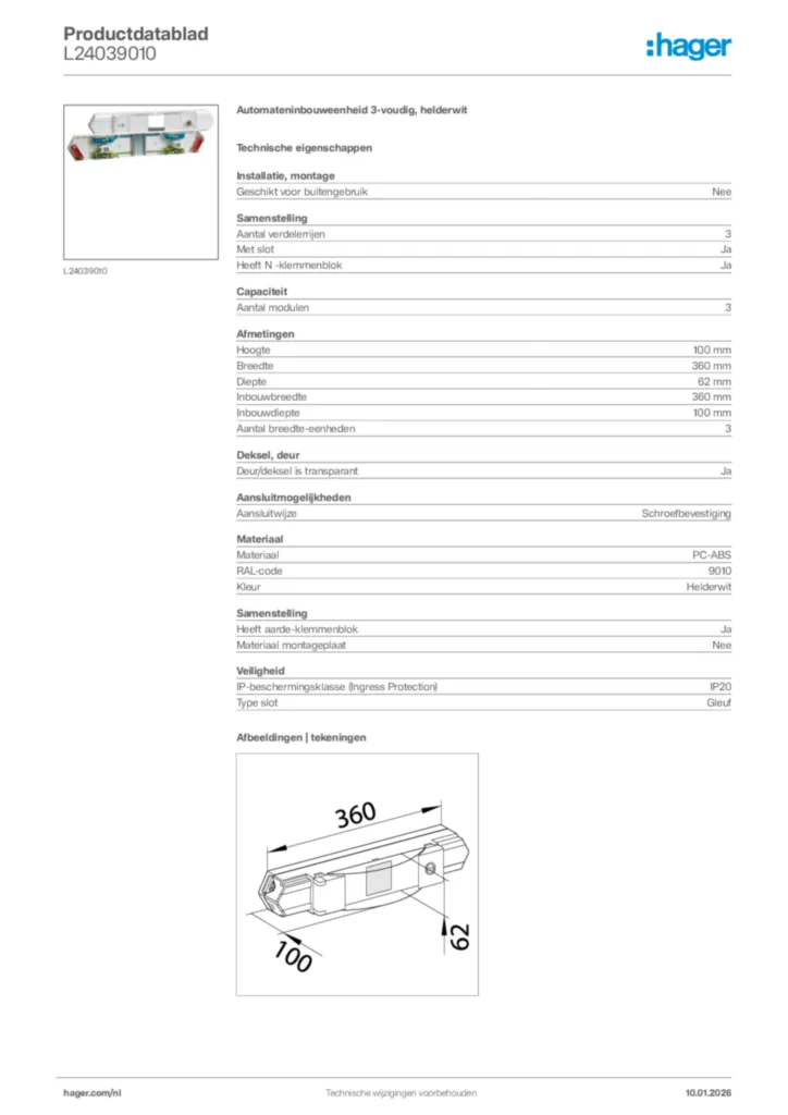 Afbeelding Hager Productdatablad L24039010 | Hager Nederland