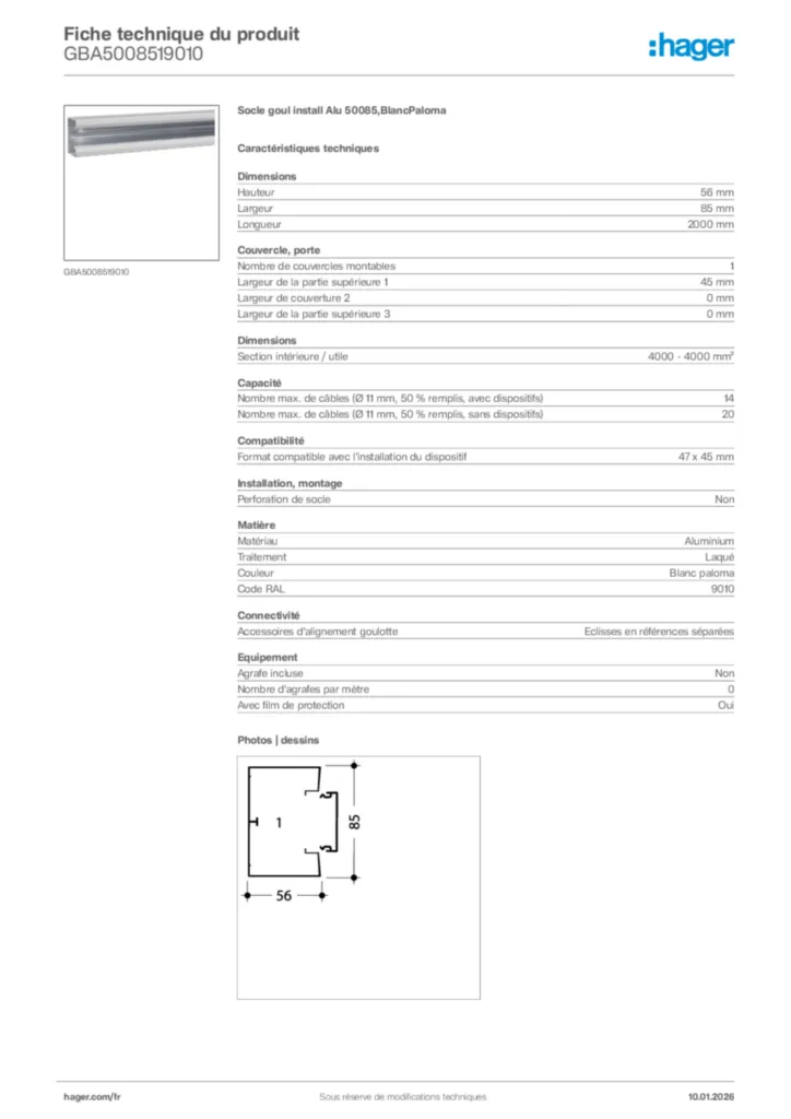 Image Hager Fiche technique du produit GBA5008519010 | Hager France