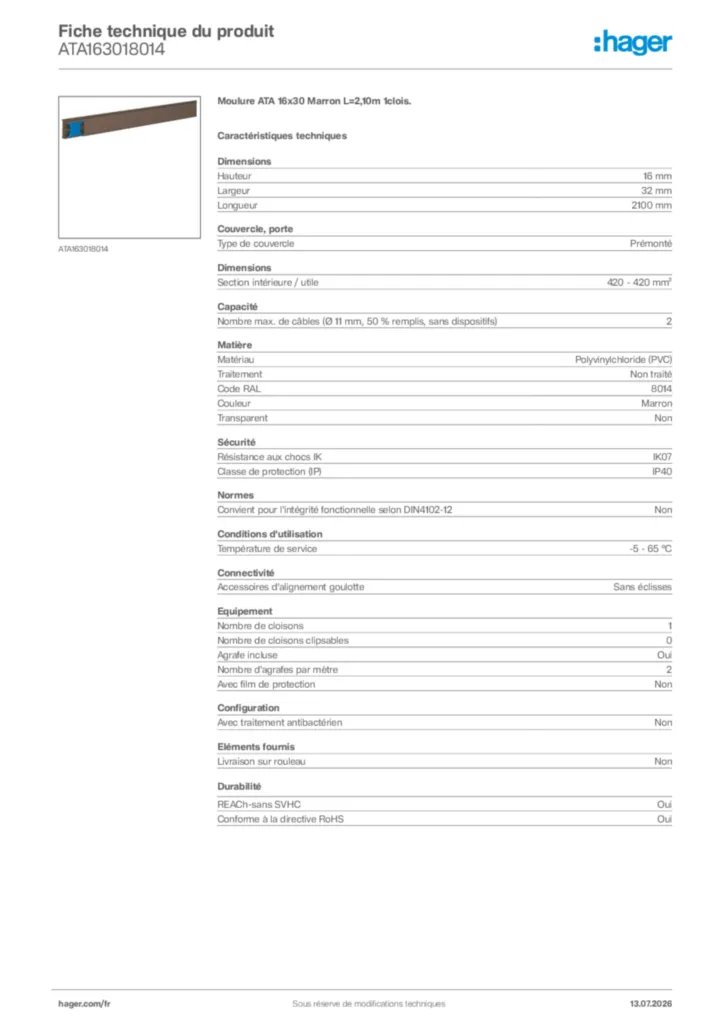 Image Hager Fiche technique du produit ATA163018014 | Hager France