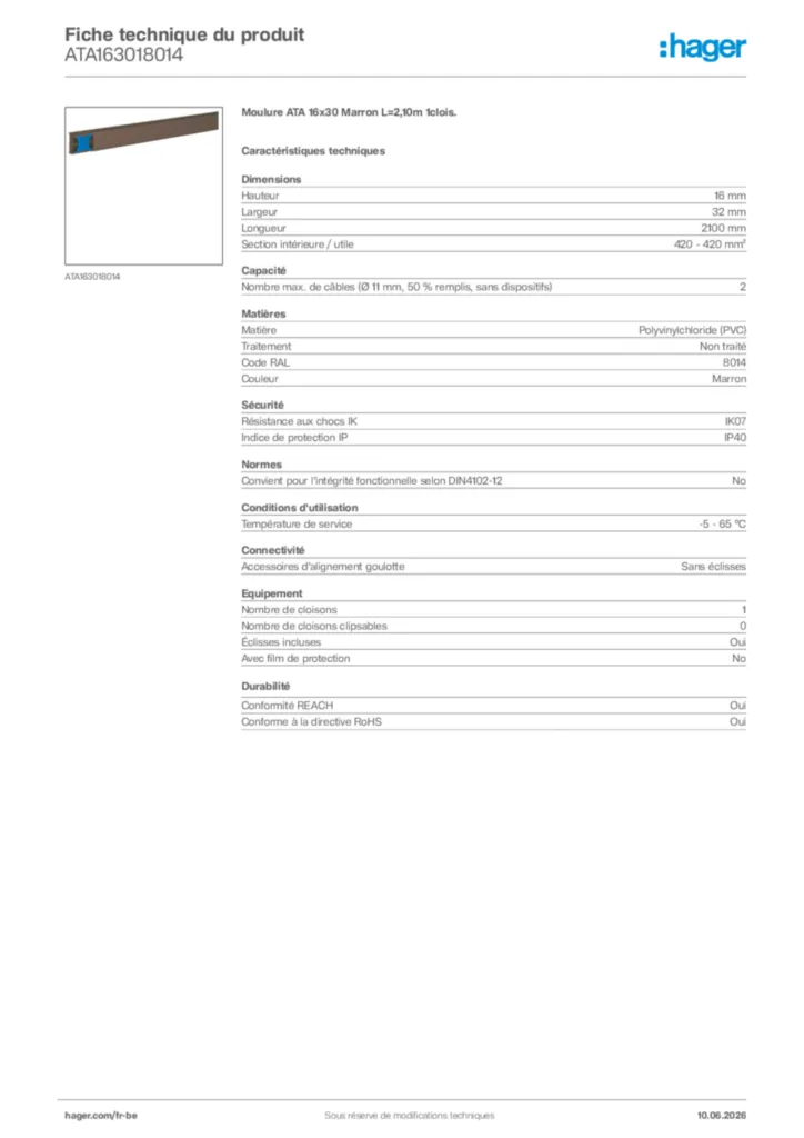 Image Hager Fiche technique du produit ATA163018014 | Hager Belgique