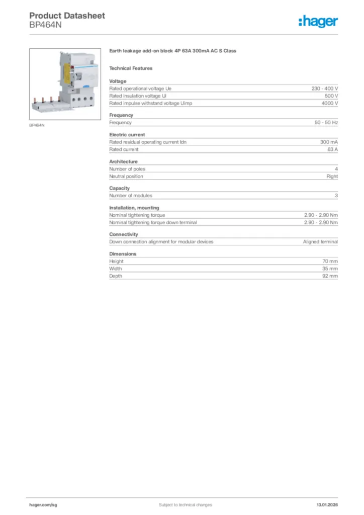 Image Hager Product data sheet BP464N  | Hager