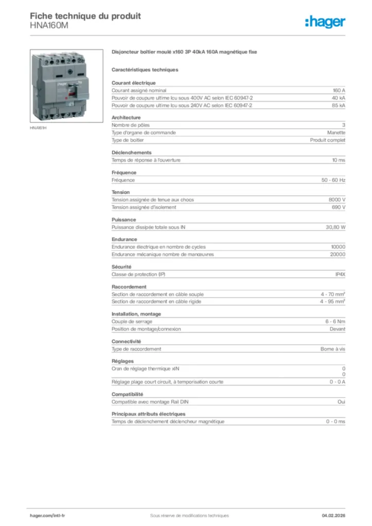 Image Hager Fiche technique du produit HNA160M | Hager Afrique