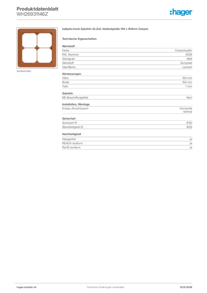 Bild Hager Produktdatenblatt WH26931146Z | Hager Schweiz